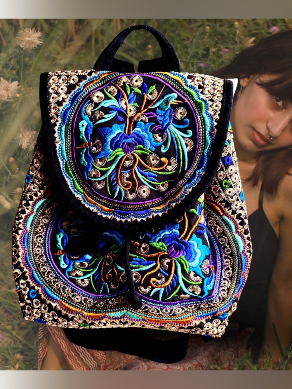Boho Embroidered Peacock Floral Canvas Backpack Black Blue Purple